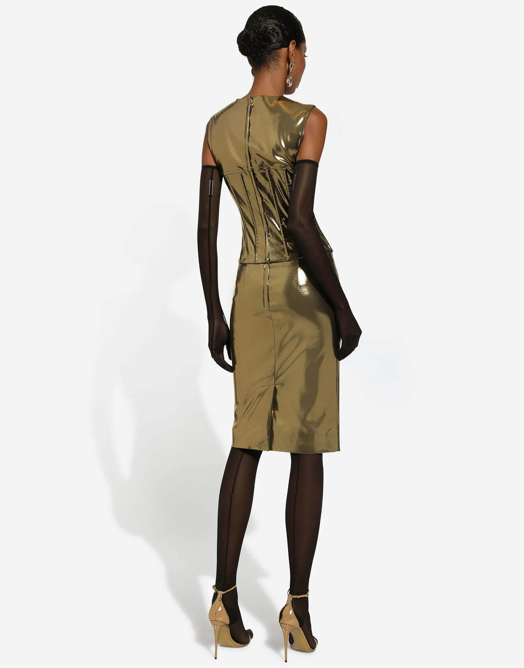 Short foiled satin corset top
