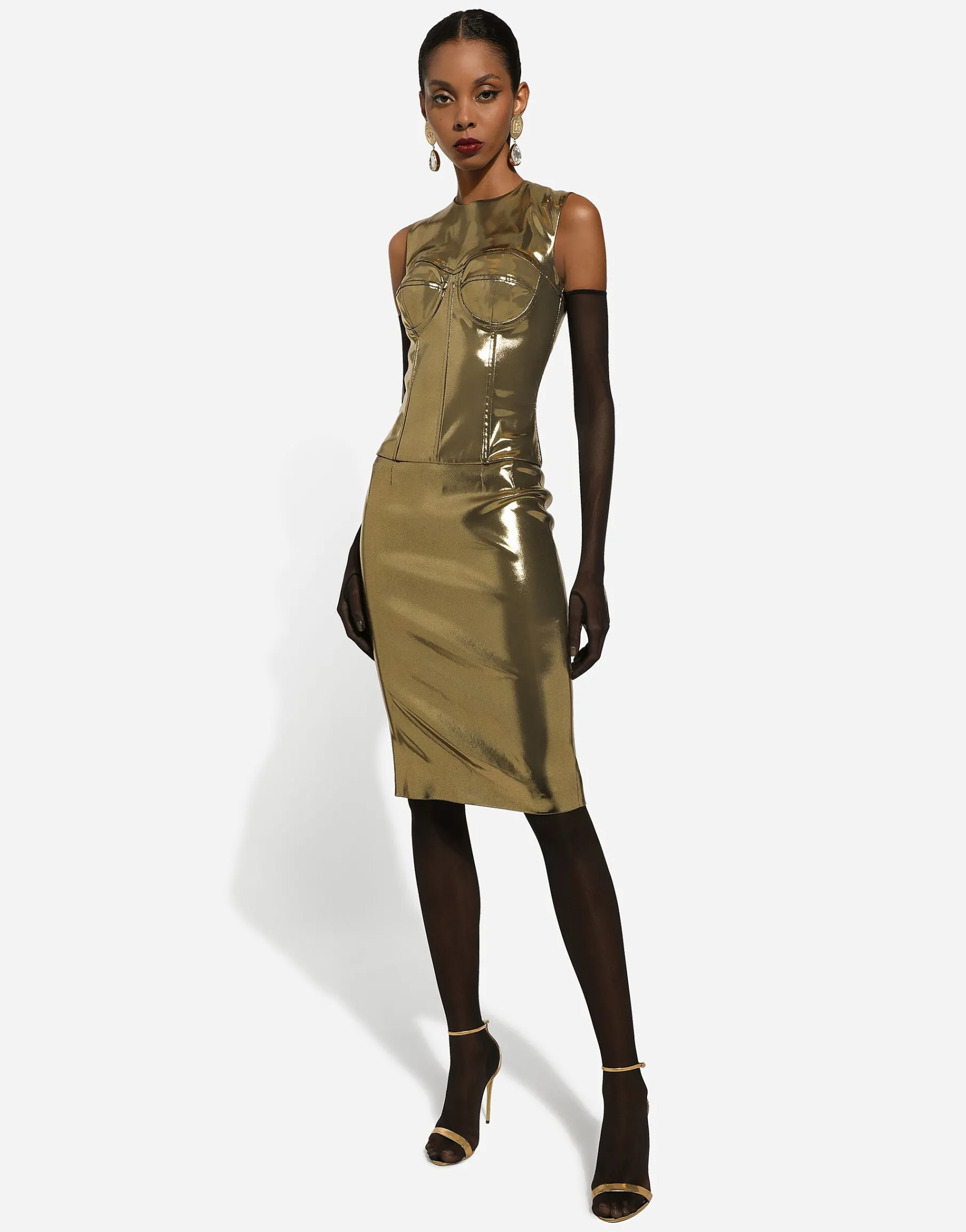 Short foiled satin corset top