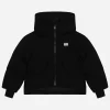 Short jersey down jacket with branded tag