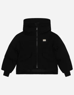 Short jersey down jacket with branded tag