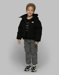 Short jersey down jacket with branded tag