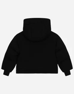 Short jersey down jacket with branded tag