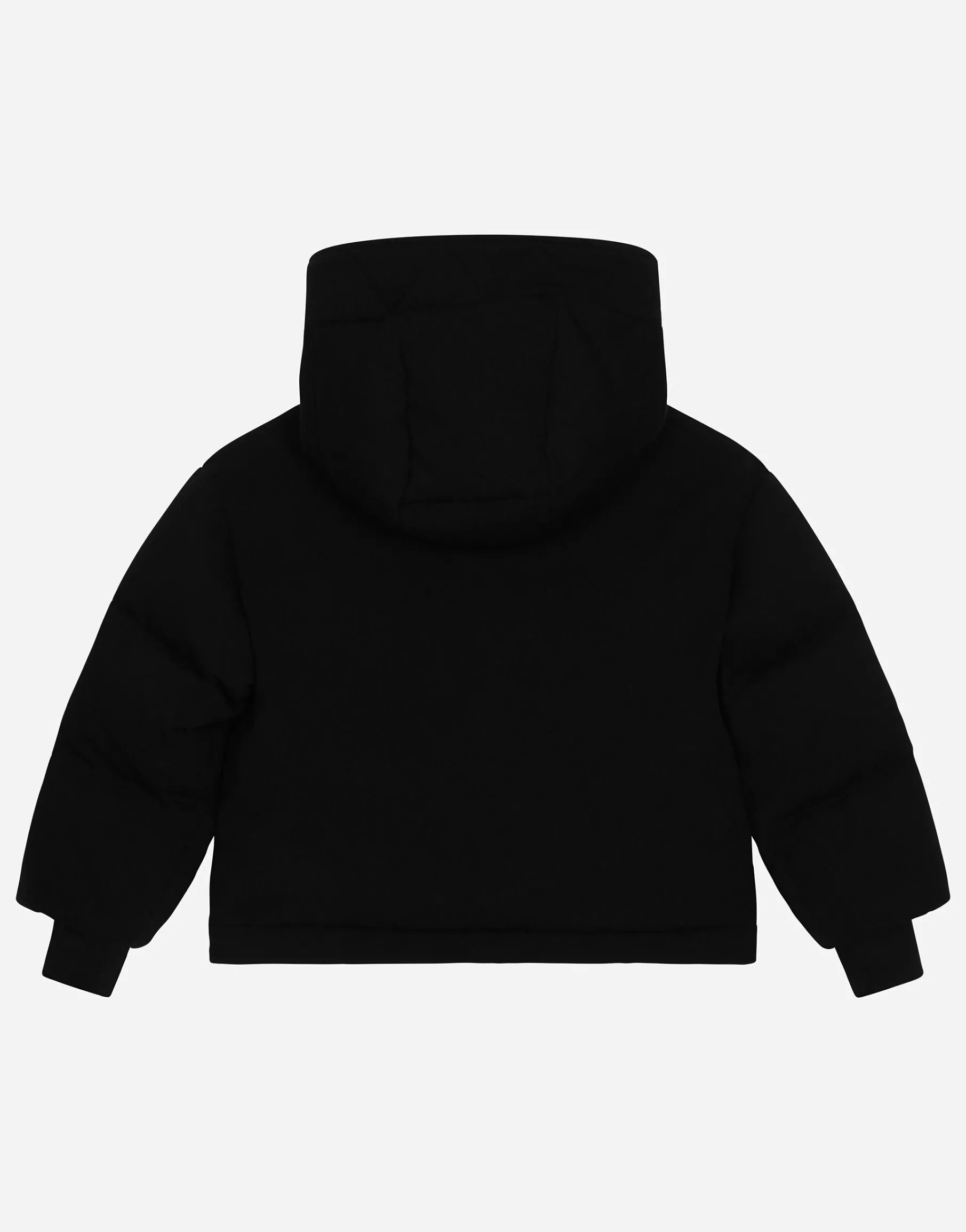 Short jersey down jacket with branded tag