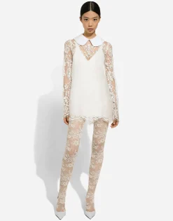 Short lace dress with satin neck