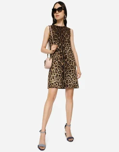 Short leopard-print charmeuse A-line dress