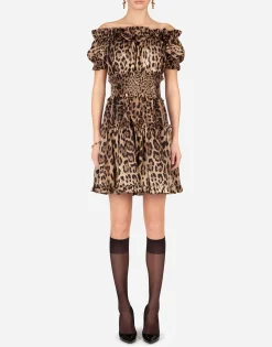 Short leopard-print poplin dress