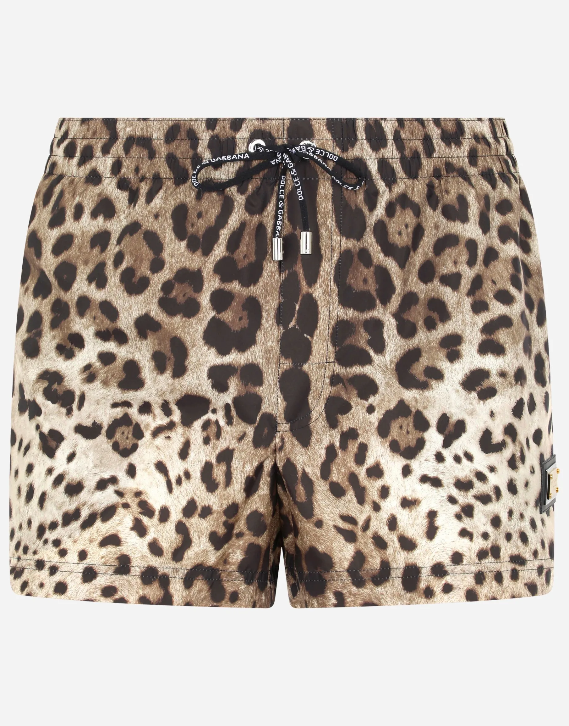 Short leopard-print swim trunks with plate
