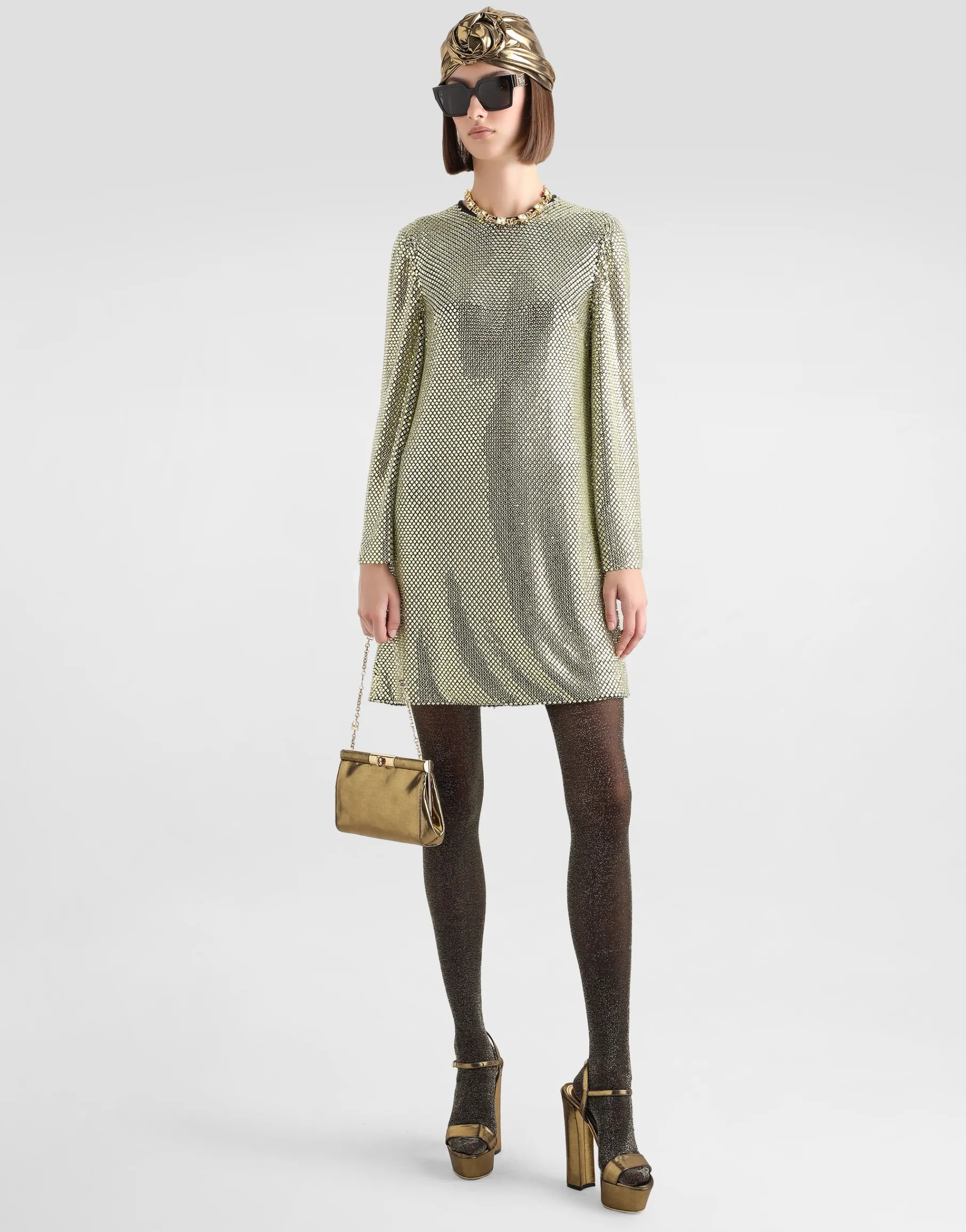 Short long-sleeved dress in crystal mesh