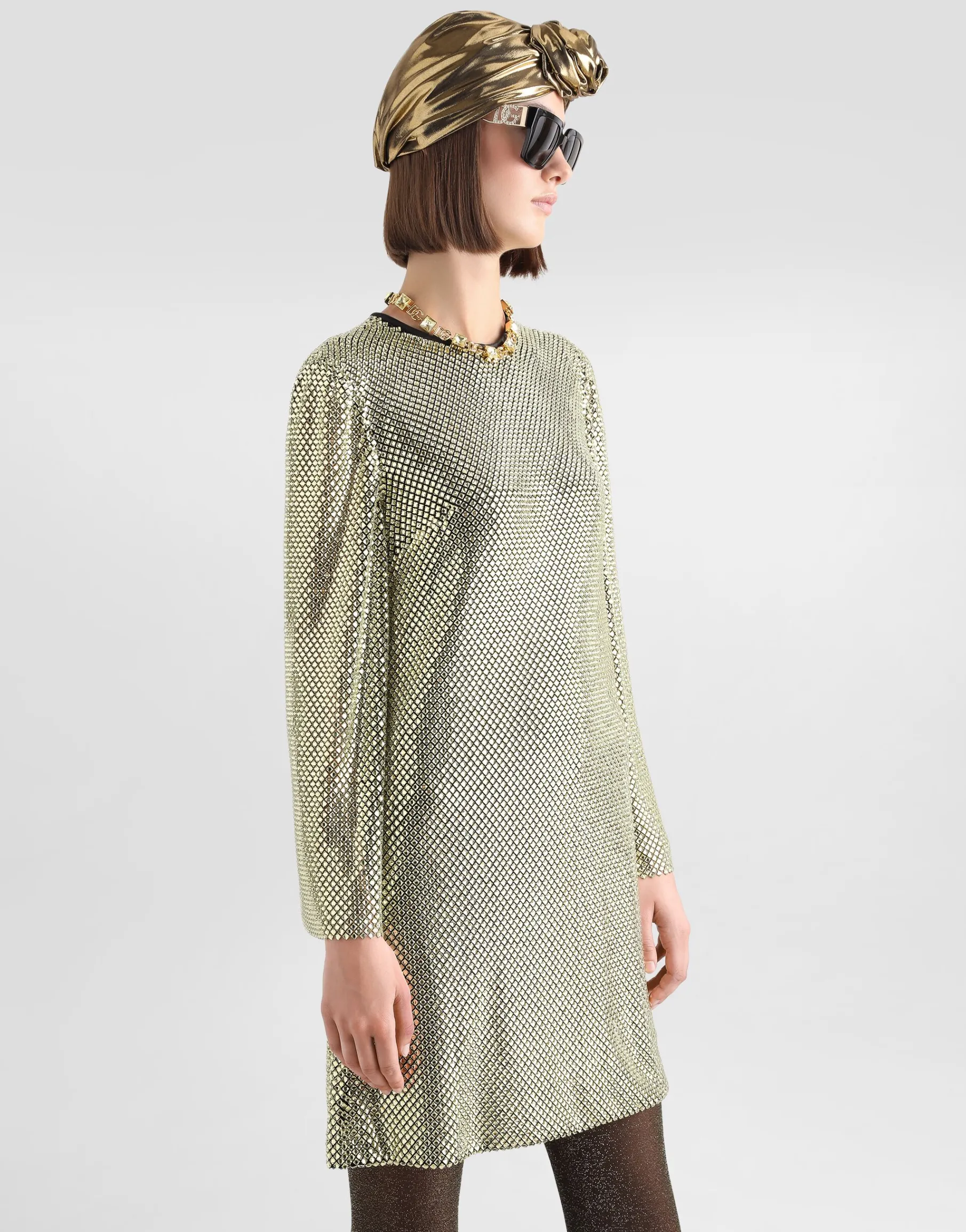 Short long-sleeved dress in crystal mesh