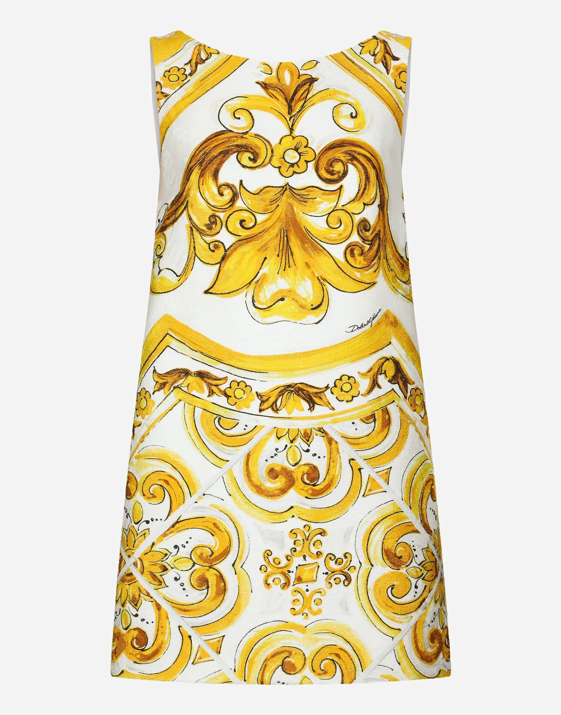 Short majolica-print brocade dress