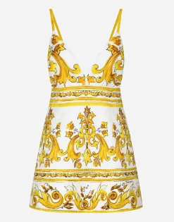 Short majolica-print brocade dress with straps