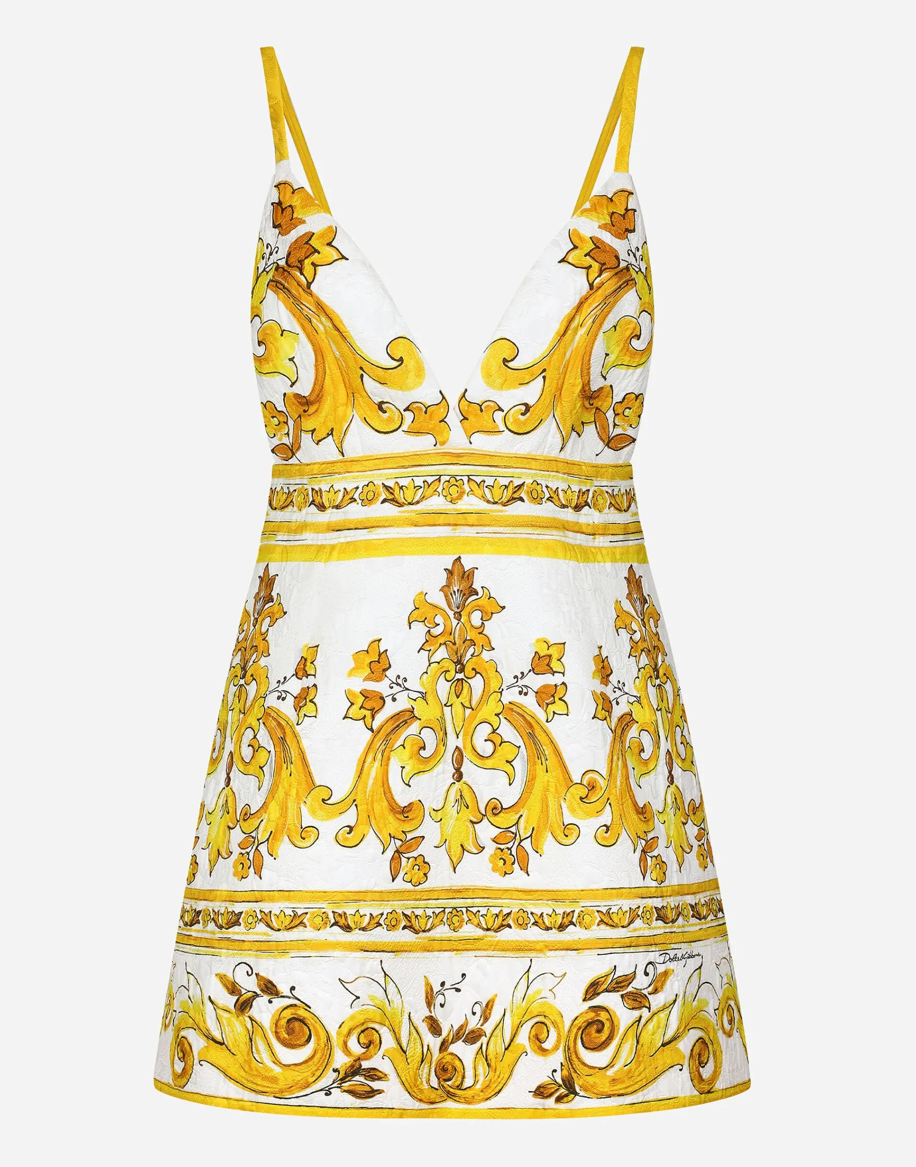 Short majolica-print brocade dress with straps