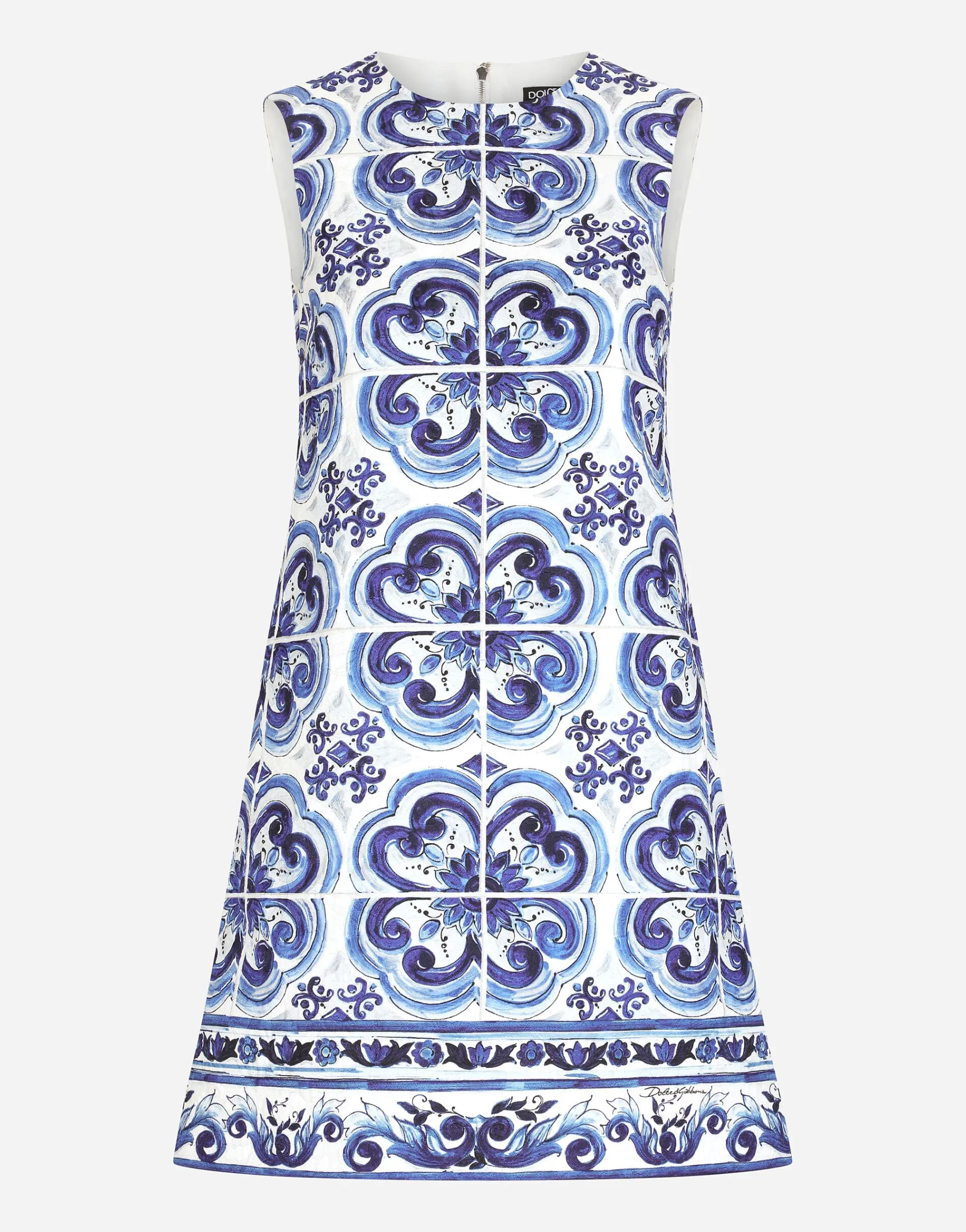 Short majolica-print brocade dress