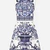 Short majolica-print brocade dress