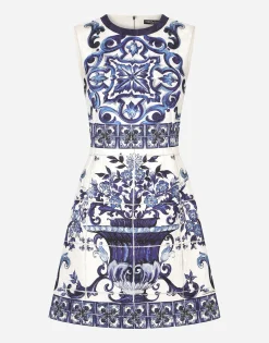 Short majolica-print brocade dress