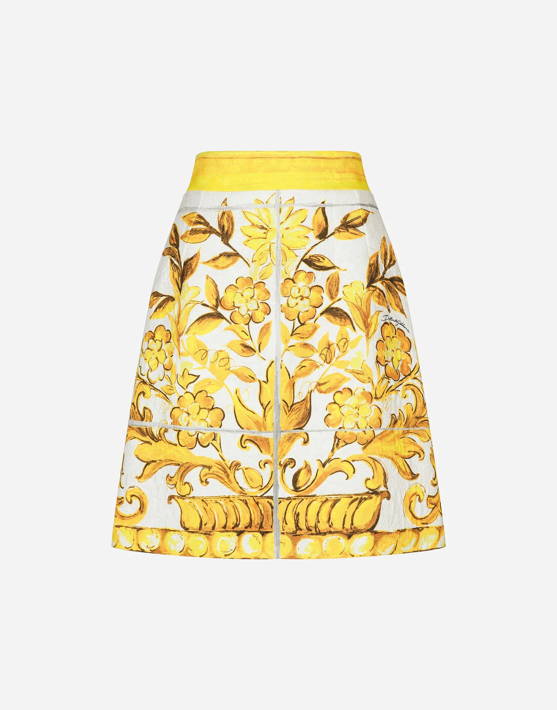 Short majolica-print brocade skirt