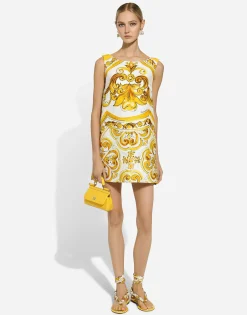 Short majolica-print brocade dress