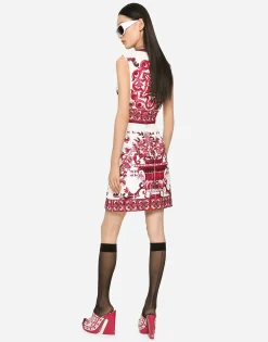 Short Majolica-print brocade dress