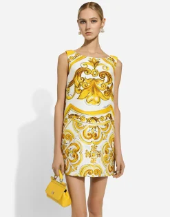 Short majolica-print brocade dress