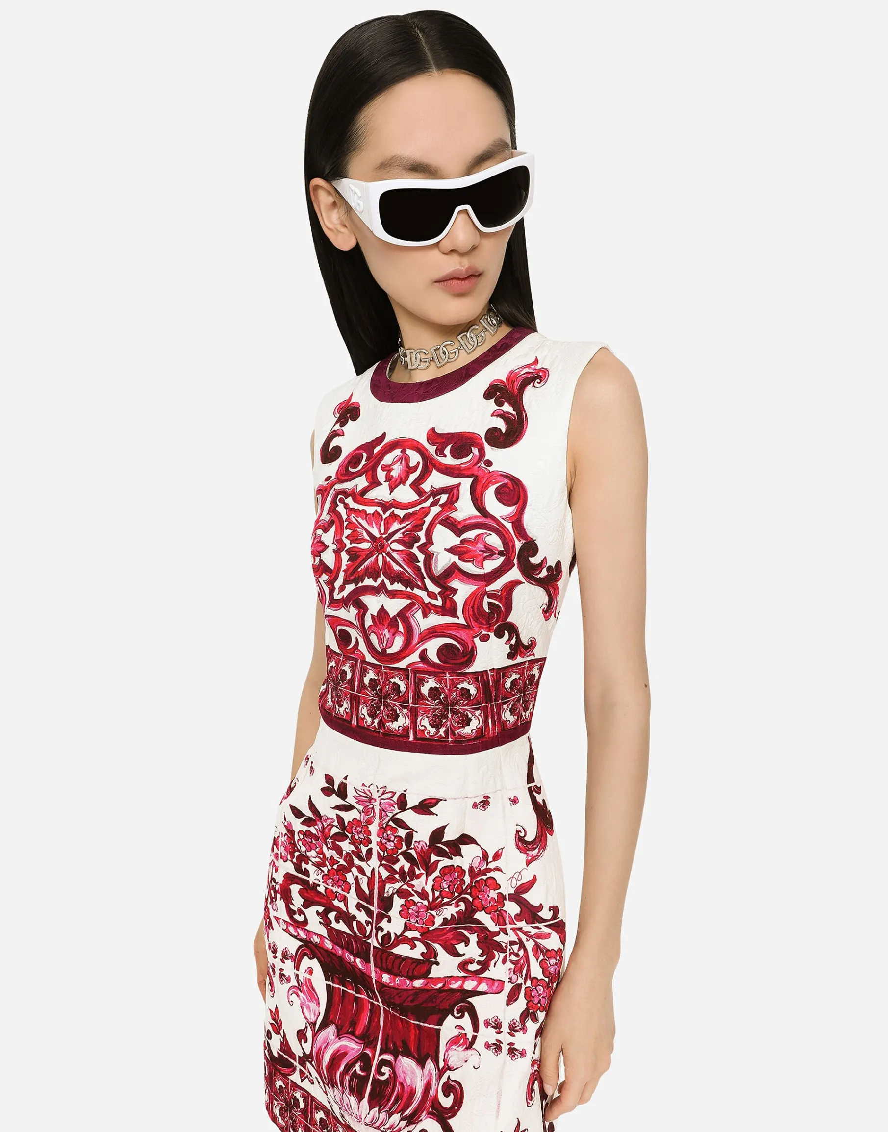 Short Majolica-print brocade dress
