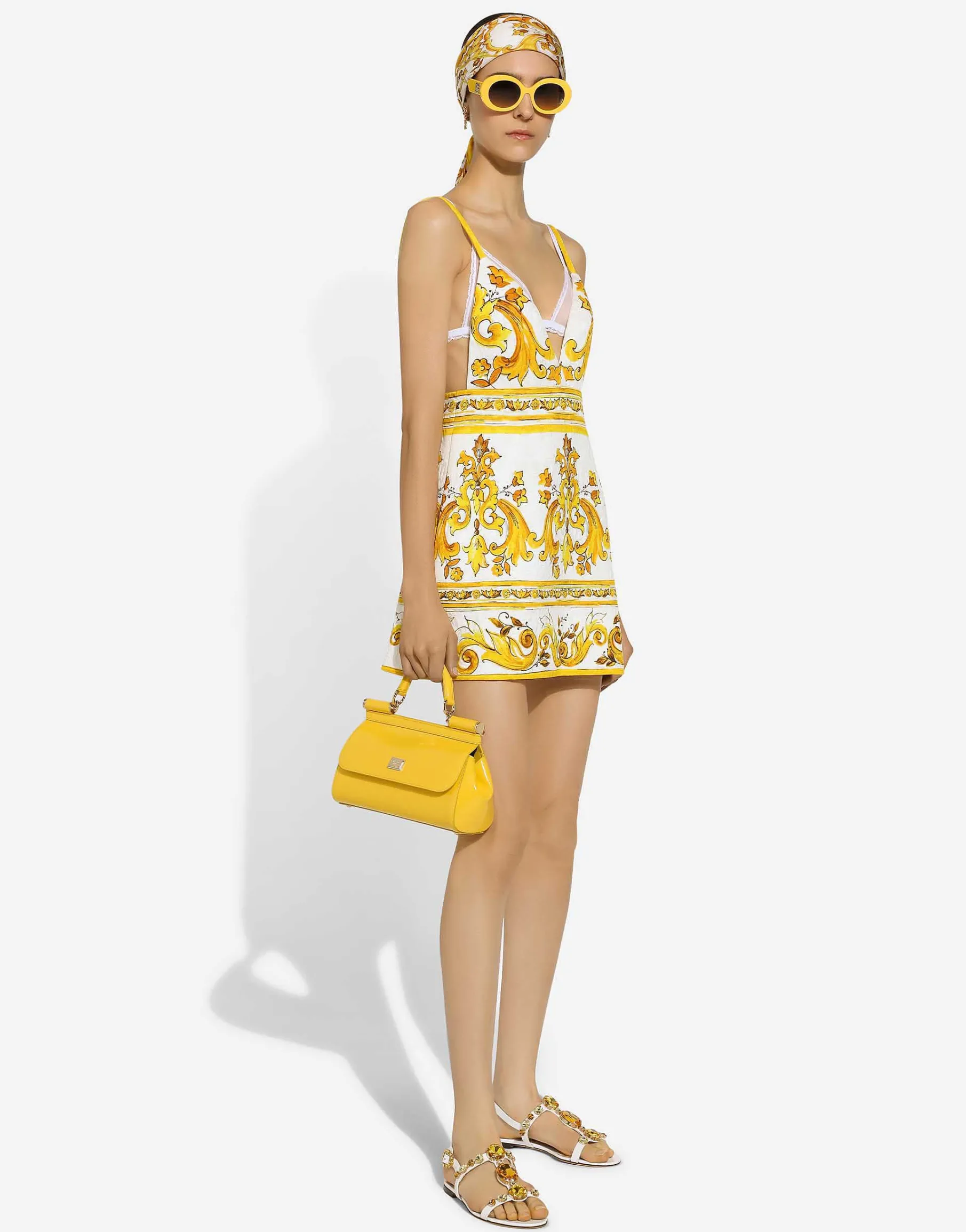 Short majolica-print brocade dress with straps
