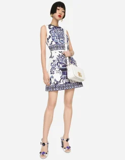 Short majolica-print brocade dress