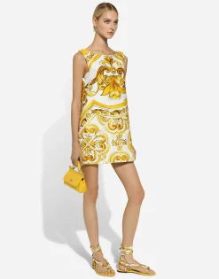 Short majolica-print brocade dress