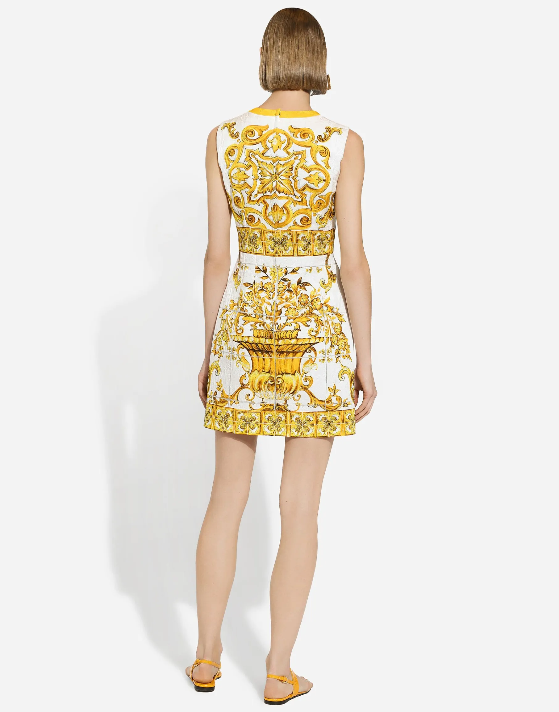 Short majolica-print brocade dress