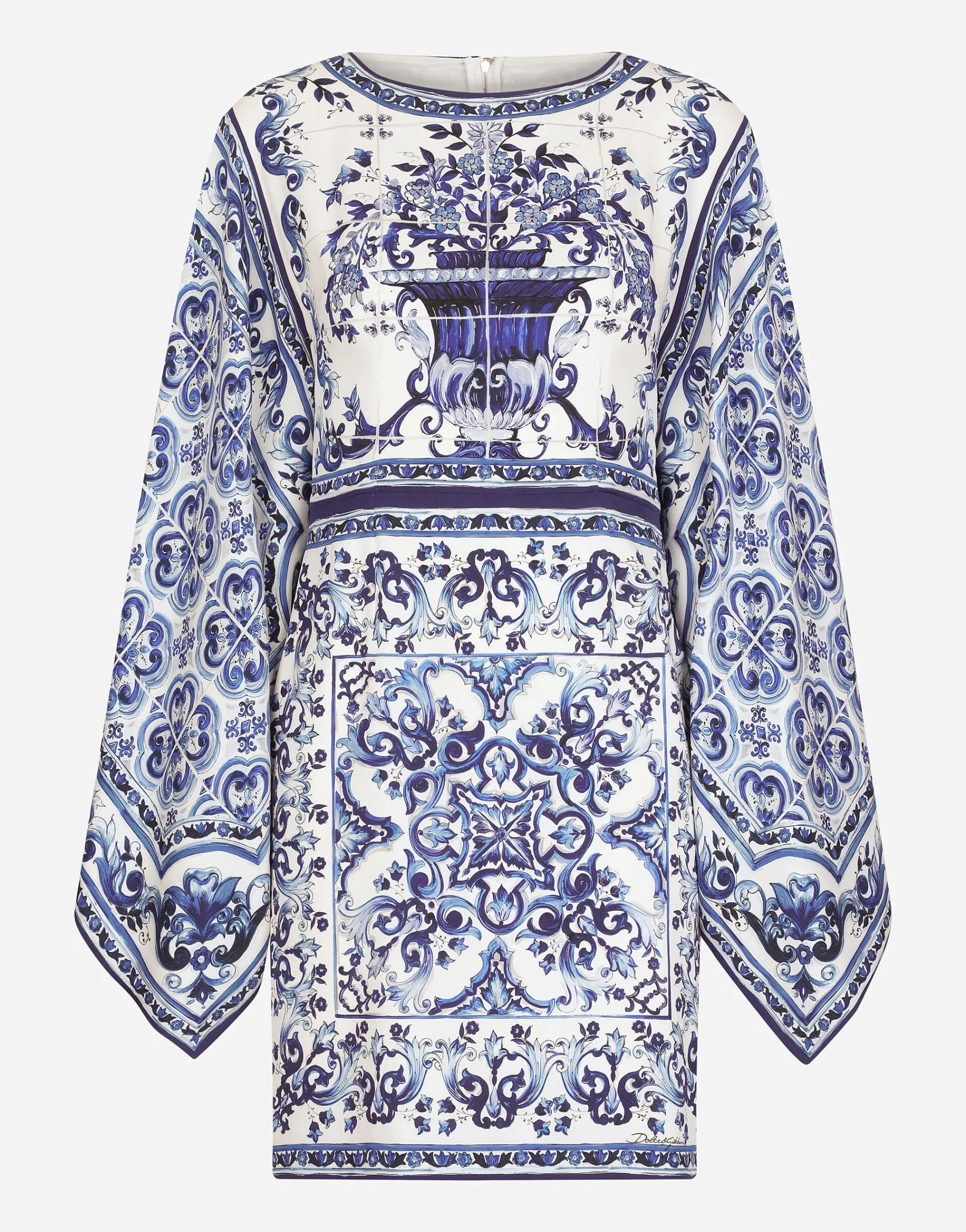 Short majolica-print charmeuse dress