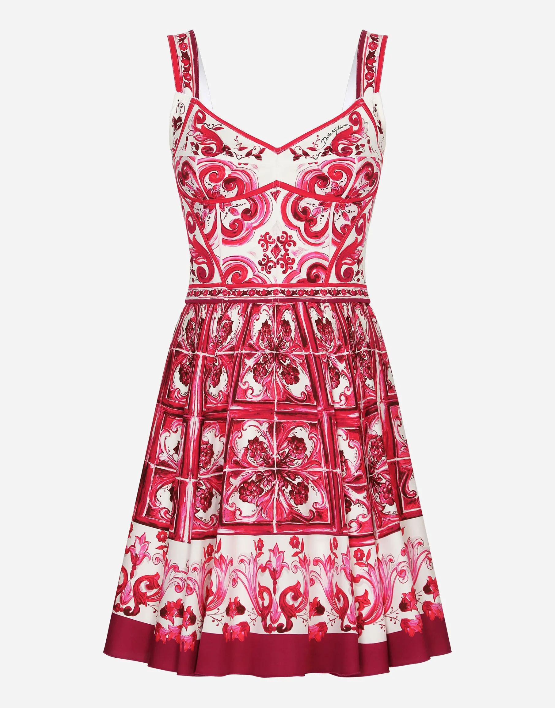 Short Majolica-print charmeuse bustier dress