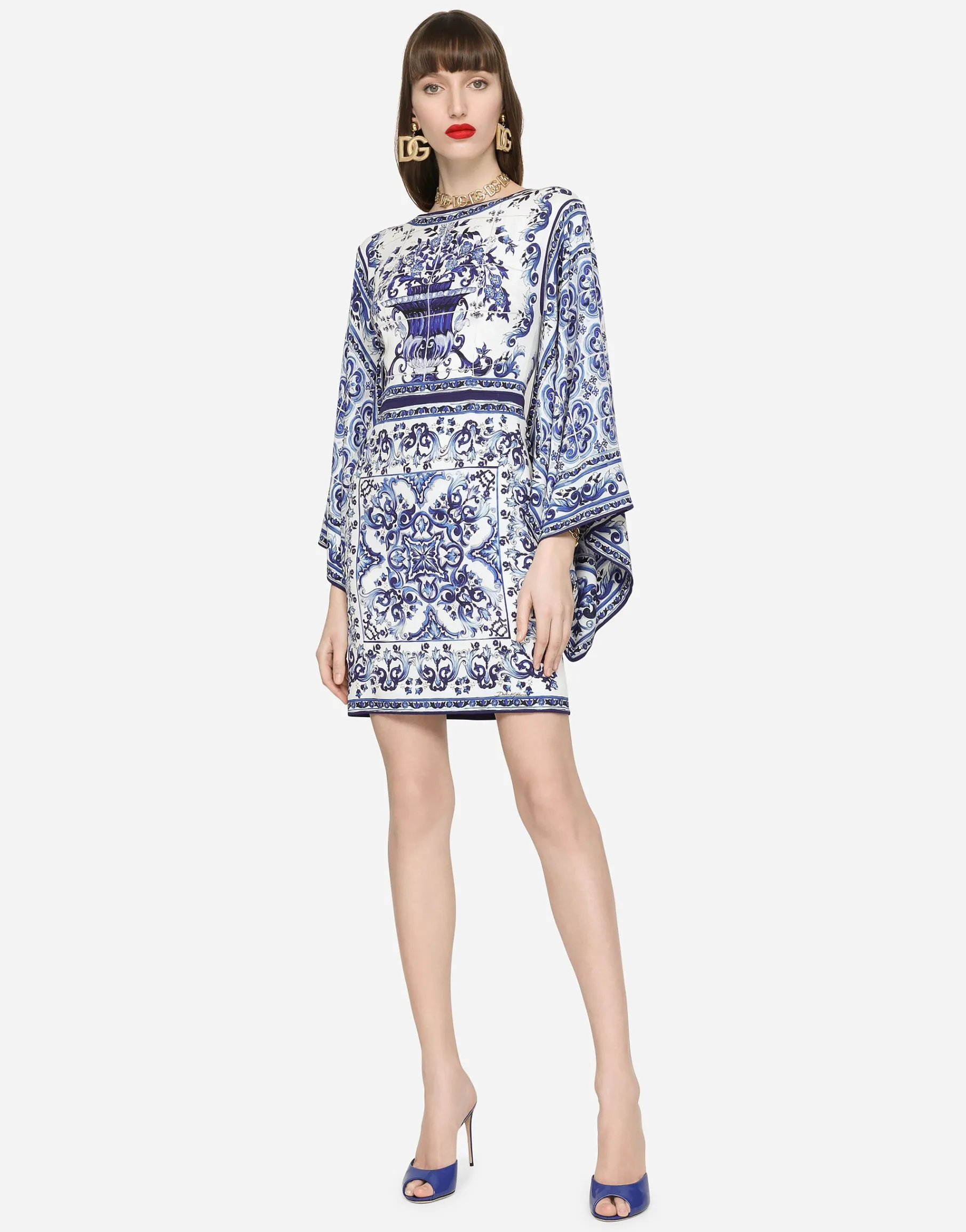 Short majolica-print charmeuse dress
