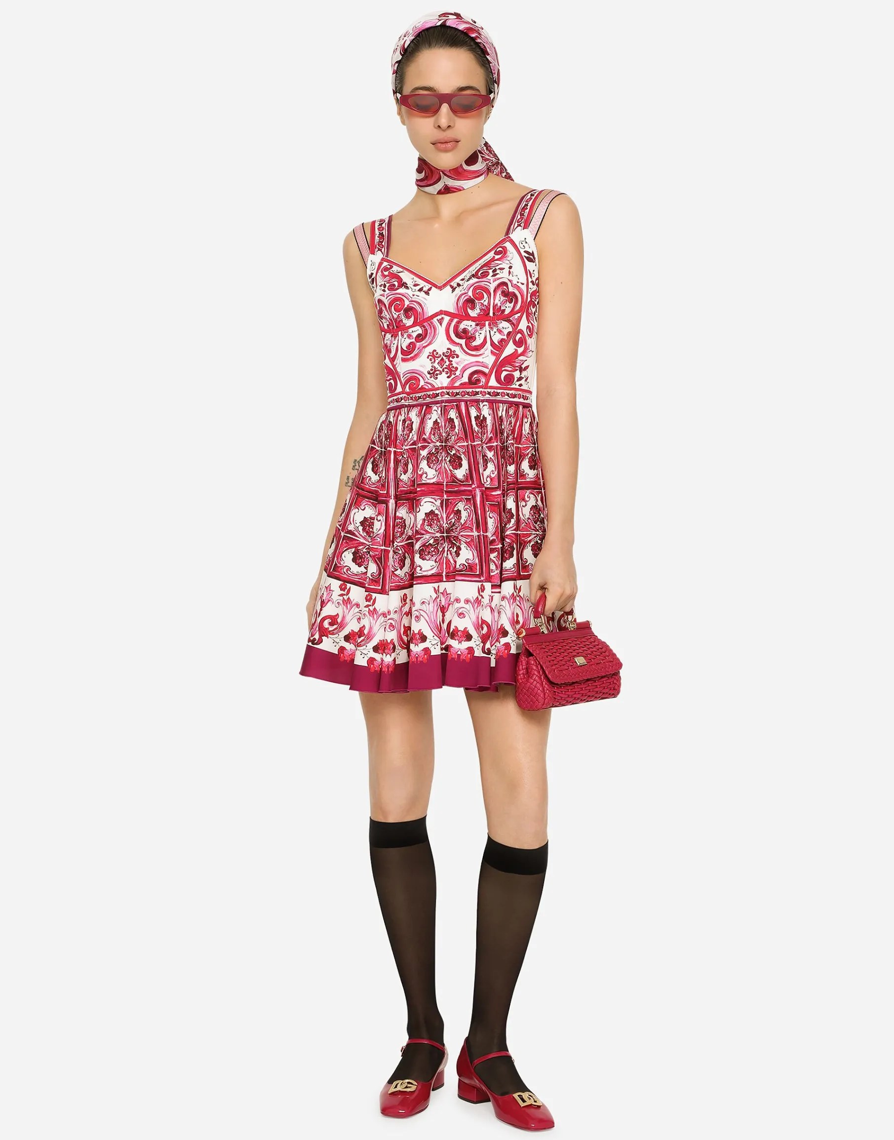 Short Majolica-print charmeuse bustier dress