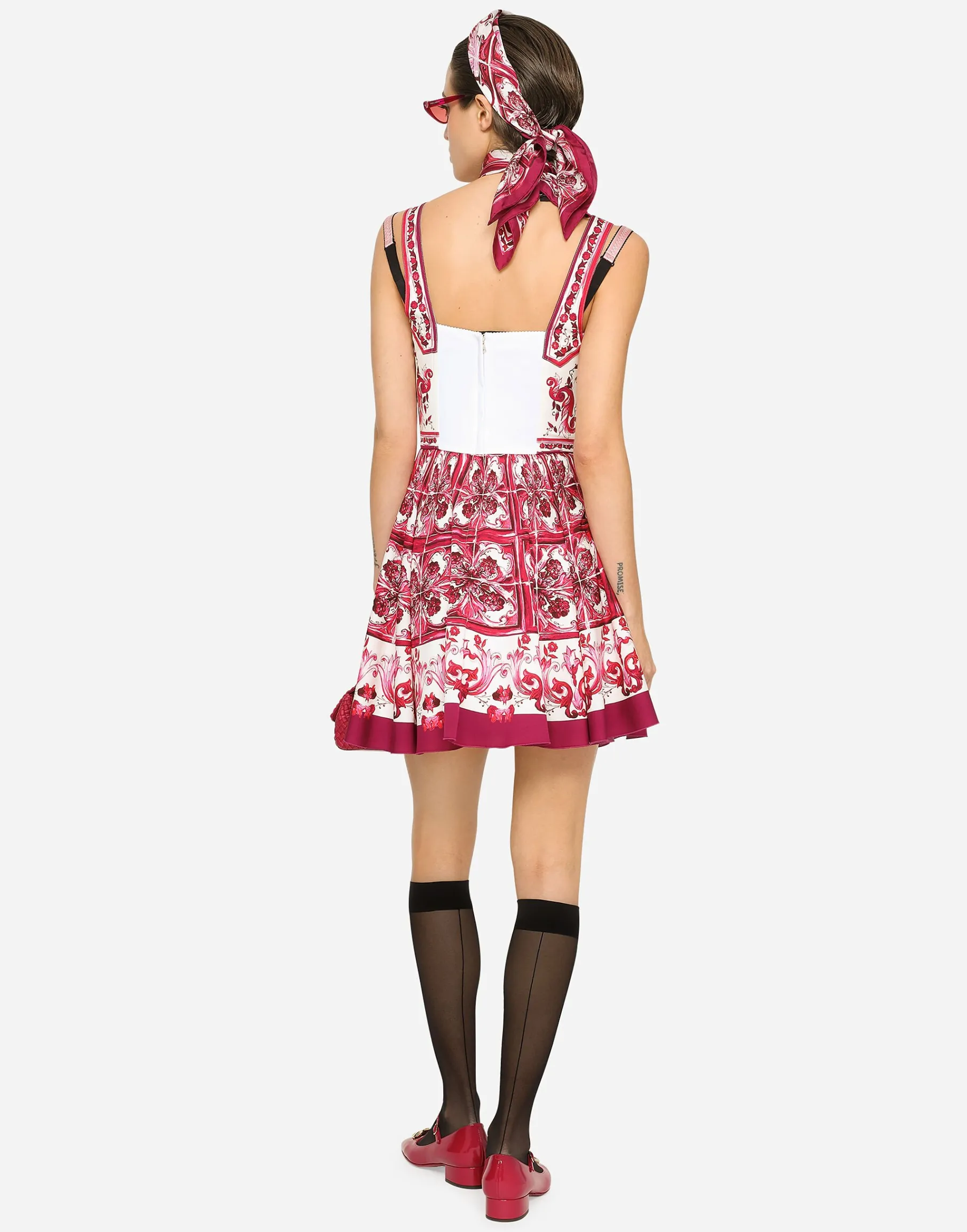 Short Majolica-print charmeuse bustier dress