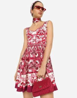 Short Majolica-print charmeuse bustier dress
