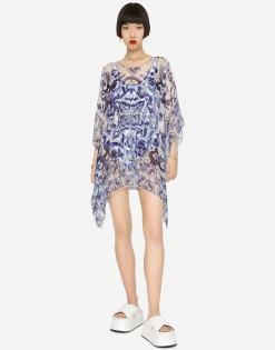 Short majolica-print chiffon caftan