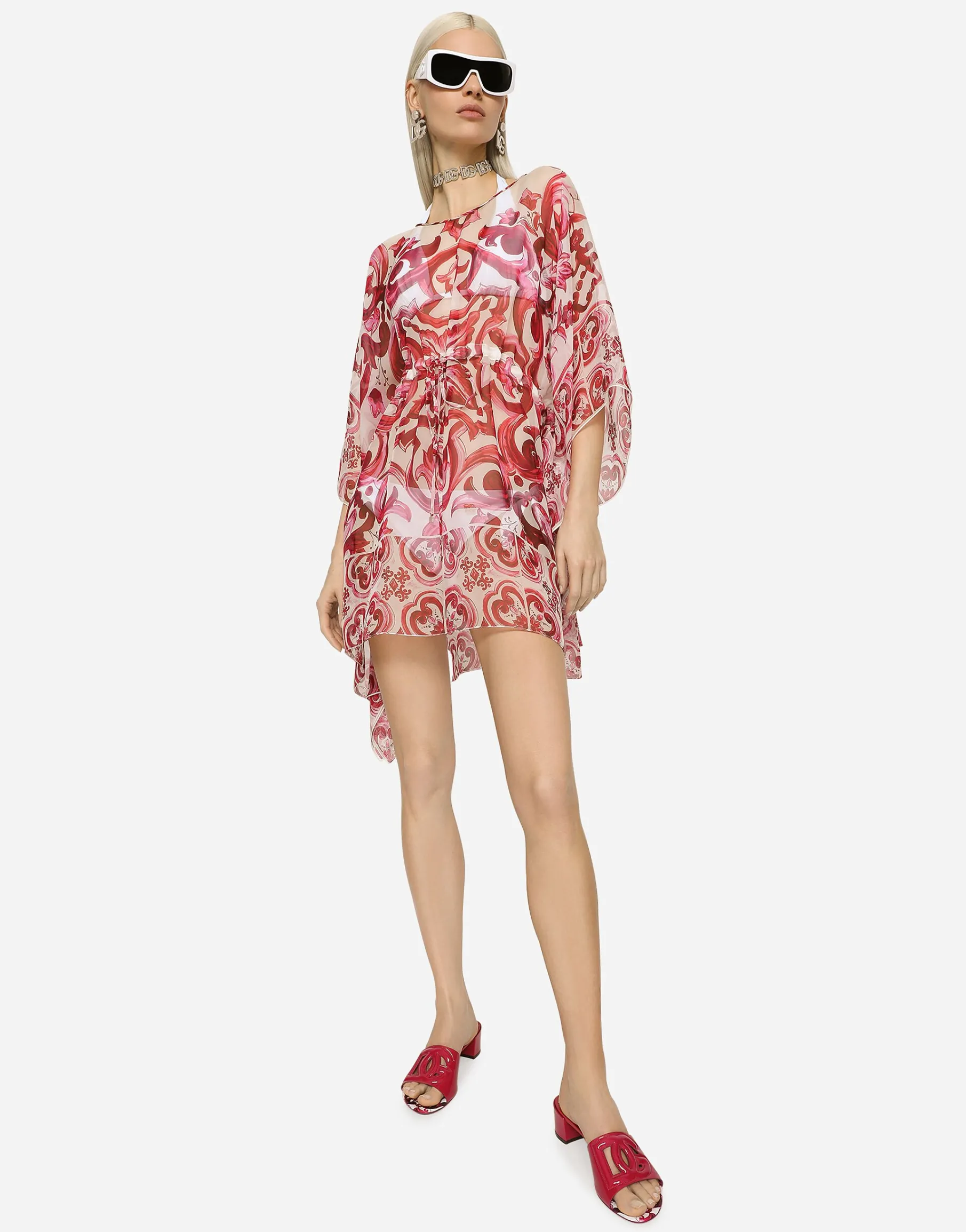 Short Majolica-print chiffon caftan