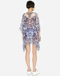 Short majolica-print chiffon caftan