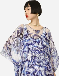 Short majolica-print chiffon caftan