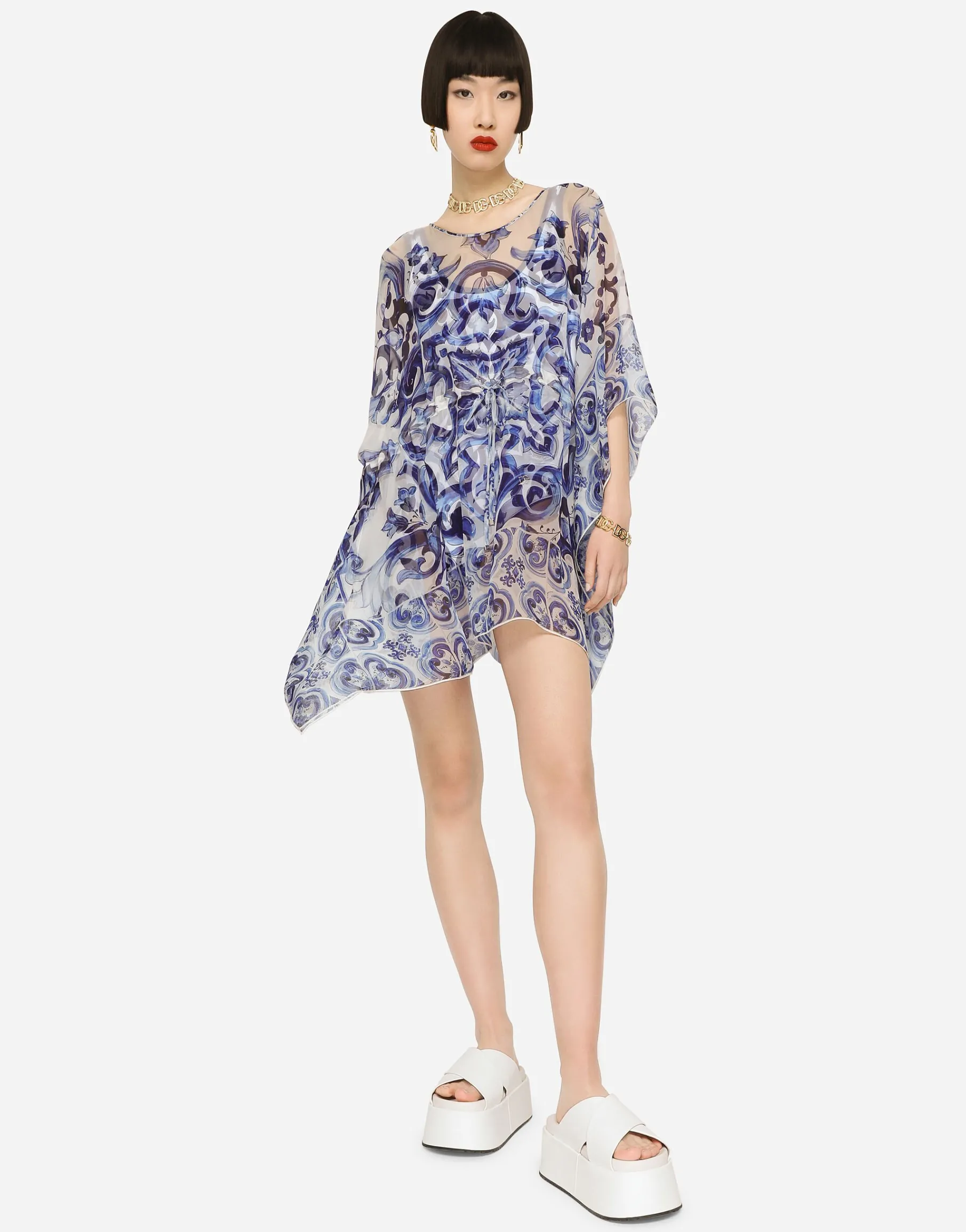 Short majolica-print chiffon caftan