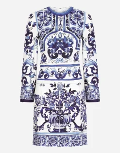Short majolica-print organzine dress