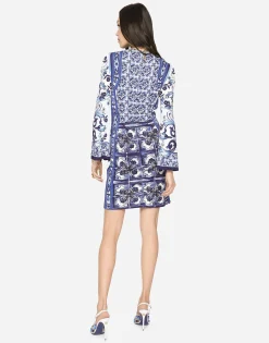 Short majolica-print organzine dress