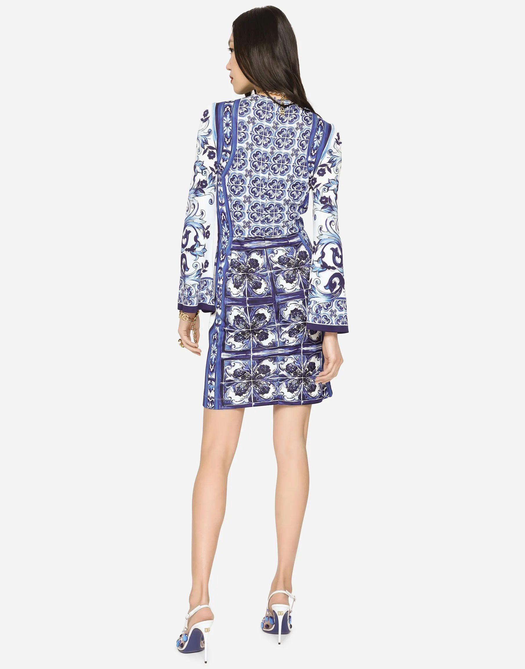 Short majolica-print organzine dress