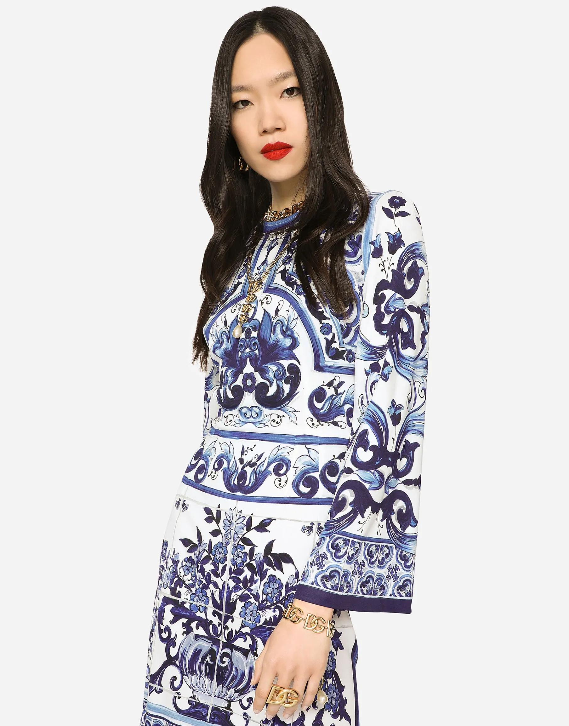 Short majolica-print organzine dress