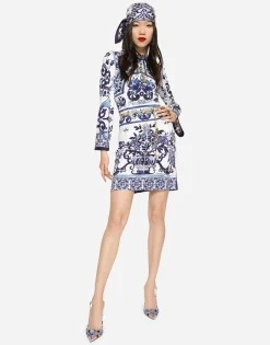Short majolica-print organzine dress