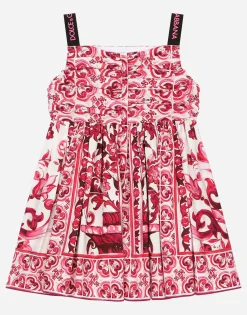 Short majolica-print poplin dress