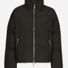 Short nylon down jacket with branded tag