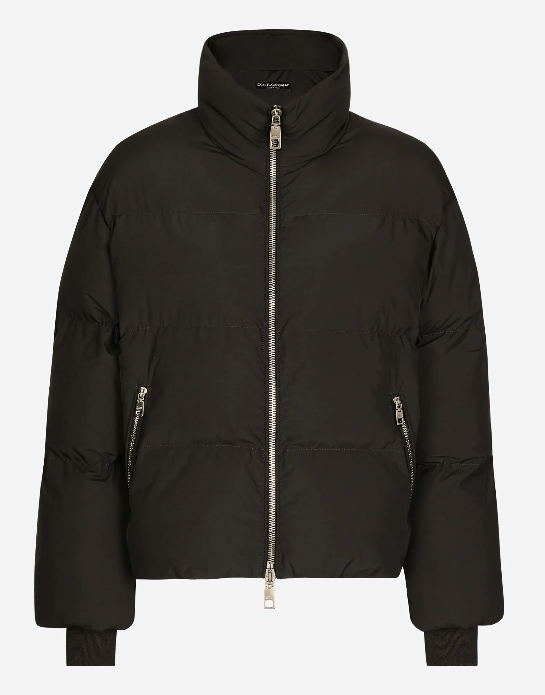 Short nylon down jacket with branded tag