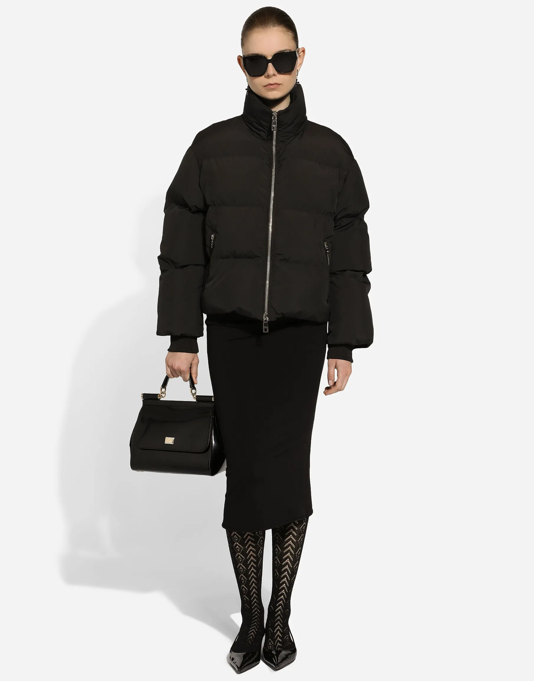 Short nylon down jacket with branded tag