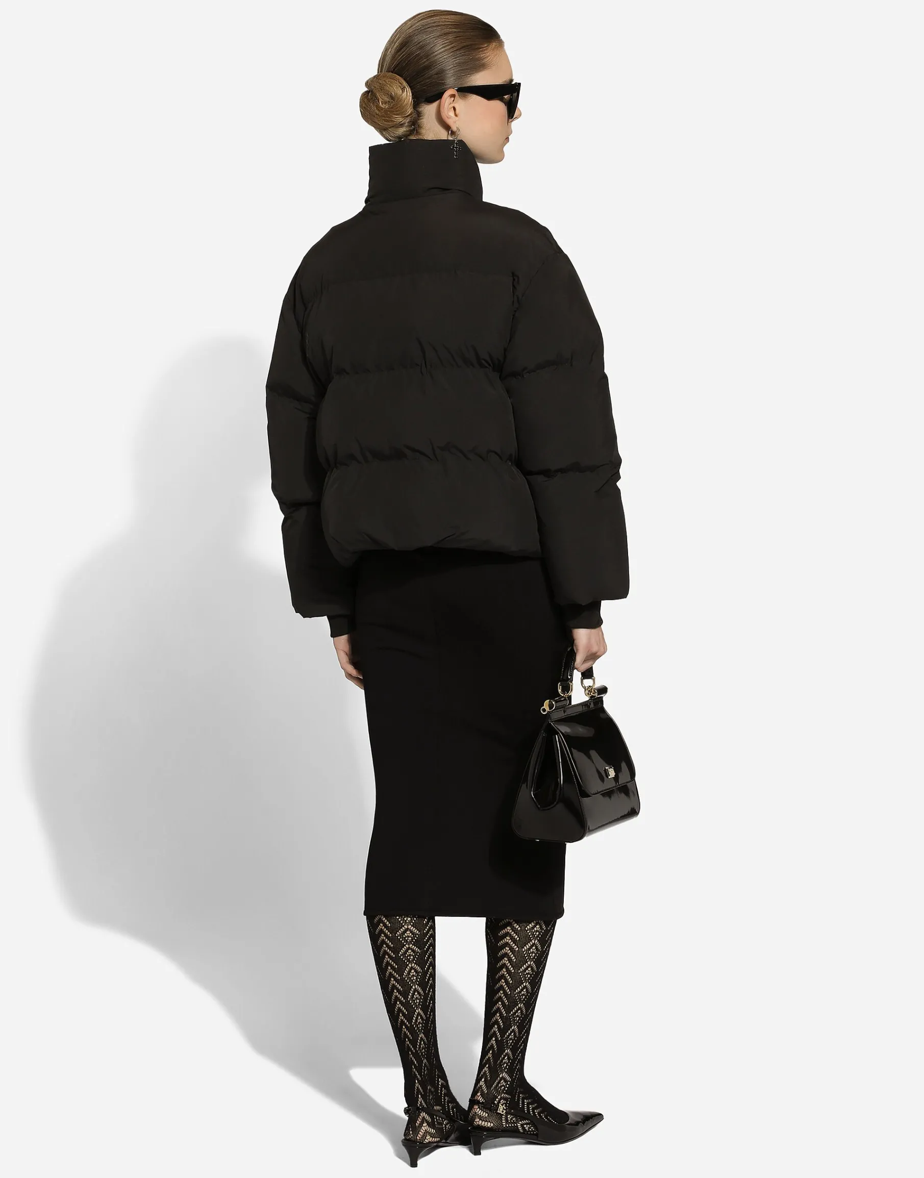 Short nylon down jacket with branded tag