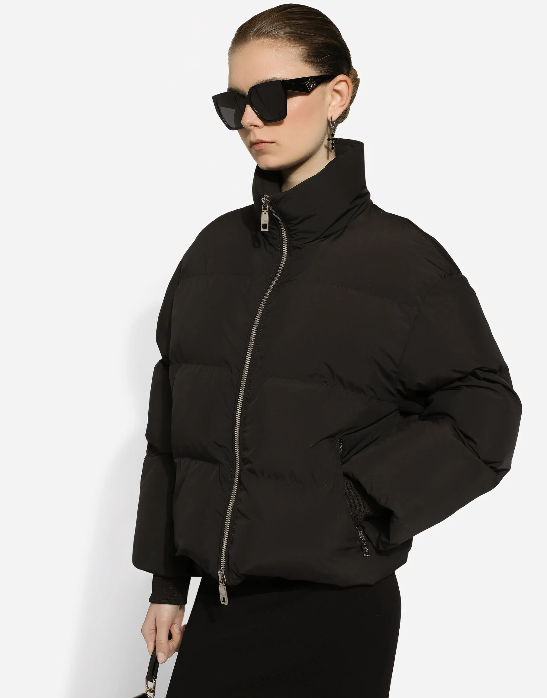 Short nylon down jacket with branded tag